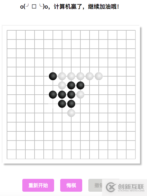 原生JS+Canvas實現(xiàn)五子棋游戲?qū)嵗?></p><p>線上體驗：https://wj704.github.io/five_game.html</p><p>主要功能模塊為：</p><p>1.人機(jī)對戰(zhàn)功能<br />2.悔棋功能<br />3.撤銷悔棋功能</p><p><strong>二、代碼詳解</strong></p><p><strong>2.1 人機(jī)對戰(zhàn)功能實現(xiàn)</strong></p><p>從效果圖可以看到，棋盤的橫豎可以放的位置為15*15，通過canvas畫棋盤：</p><pre>//繪畫棋盤
    var drawChessBoard = function(){
      for(var i = 0; i < 15; i++){
        context.moveTo(15 + i * 30 , 15);
        context.lineTo(15 + i * 30 , 435);
        context.stroke();
        context.moveTo(15 , 15 + i * 30);
        context.lineTo(435 , 15 + i * 30);
        context.stroke();
      }
    }</pre><p align=center>另外有需要云服務(wù)器可以了解下<a href=